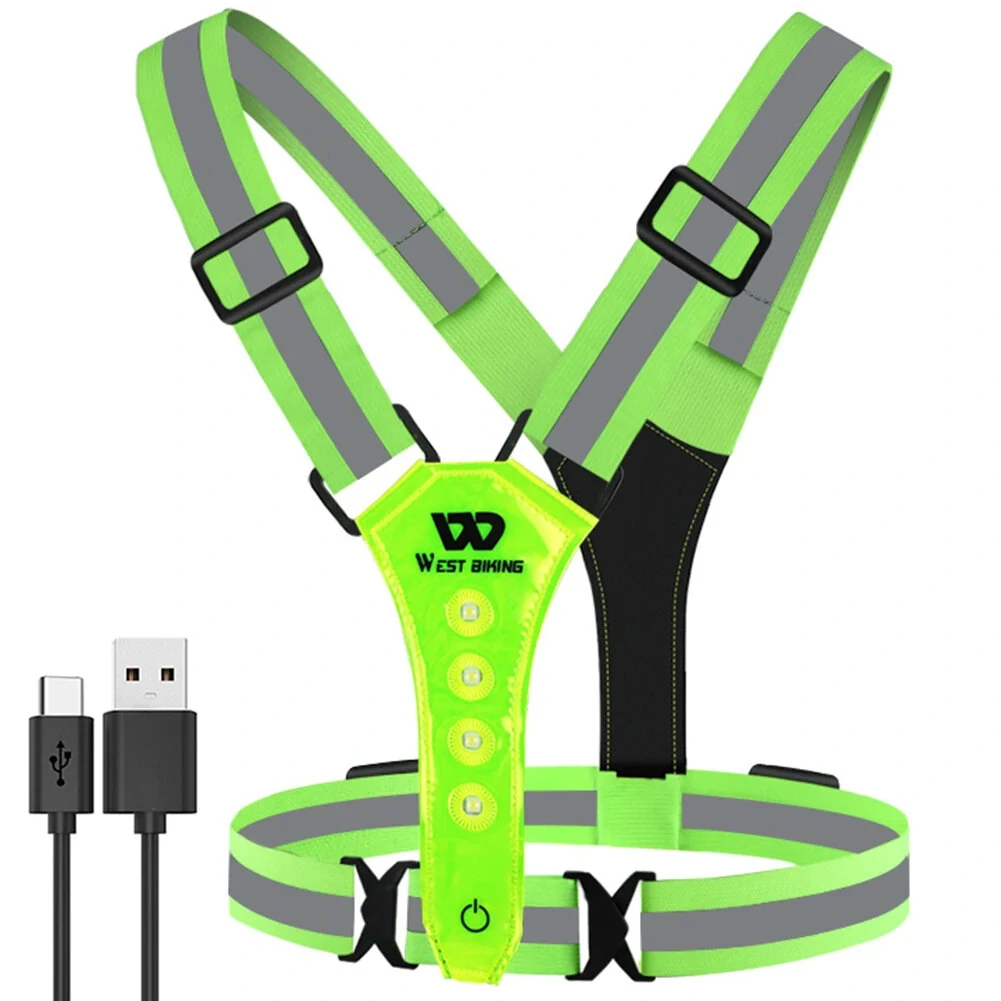 (image for) WEST BIKING Night Cycling Clothing 4 LED Beads Type-C Rechargeable Adjustment Running Light Reflective Sports Vest for Safe Warning Riding